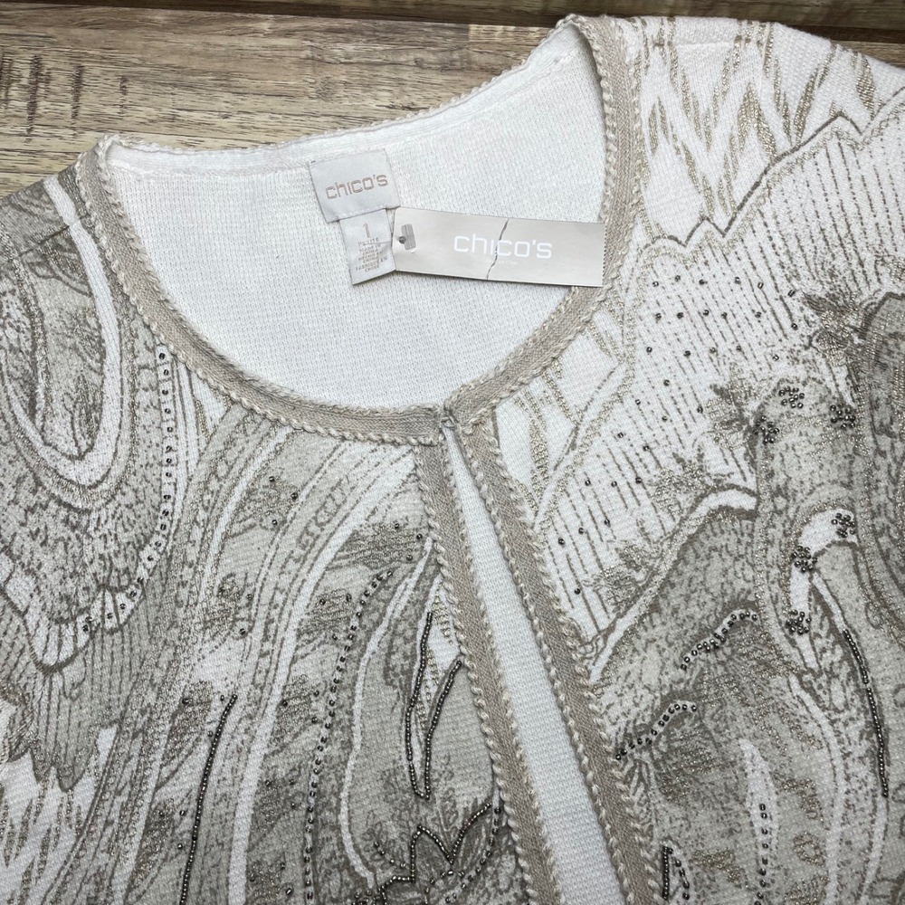 Chicos Beaded Foil Paisley Cardigan Sweater Gold Ivory Short Sleeve Petite 1 New